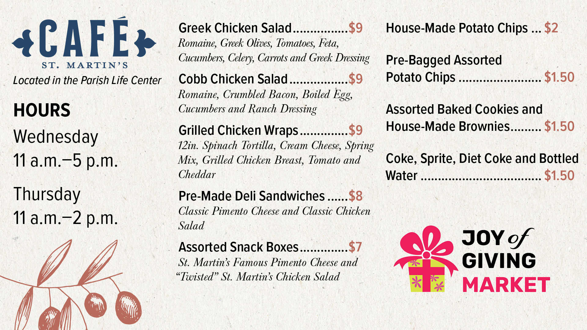 Cafe menu for Joy of Giving market